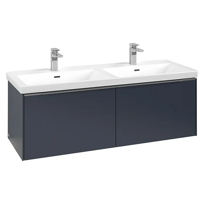 Villeroy & Boch Subway 3.0 Waschbeckenunterschrank - Marine Blue, Anzahl Schubladen: 2 Stk., Farbe Griff: Aluminium glänzend, B x T x H: 127,2 x 47,8 x 42,9 cm, Mit Beleuchtung, Geeignet für Doppelwaschtisch - Dunkelgrauer Doppelwaschtischunterschrank mit weißen Keramikbecken und zwei Chromarmaturen.