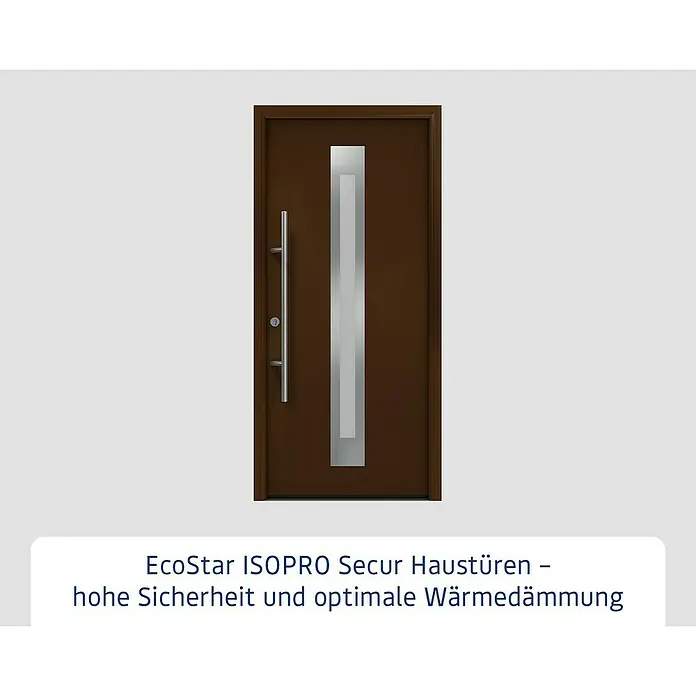 Hörmann EcoStar Haustür ISOPRO Secur IPS 770S - 110 x 210 cm, DIN Anschlag: Links, Terrabraun - Braune Haustür mit vertikalem, silberfarbenem Griff und hohem, schmalem vertikalem Akzentfeld aus Silber und Glas.