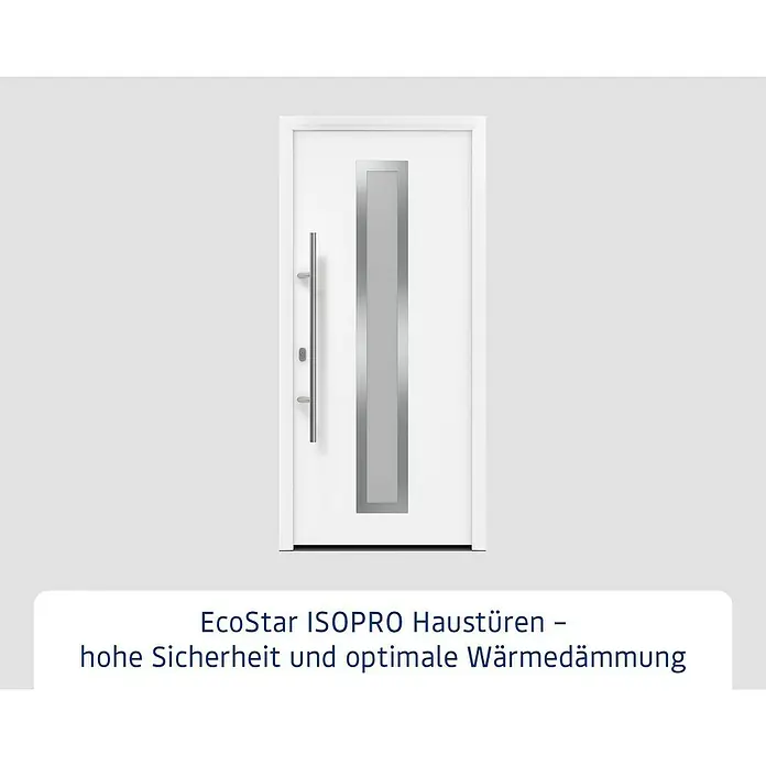 Hörmann EcoStar Haustür ISOPRO IP 700S - 110 x 210 cm, DIN Anschlag: Links, Verkehrsweiß - Weiße moderne Haustür mit vertikalem silbergrauen Paneel und langem, gebürstetem Metallgriff.