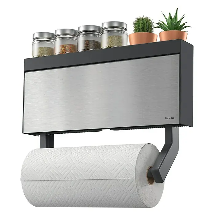 Metaltex Küchenrollenhalterung Tango Inox - L x B x H: 63 x 381 x 166 mm - Wandmontierter Küchenorganizer in Dunkelgrau und gebürstetem Metall, mit Gewürzgläsern und Papierrollenhalter.
