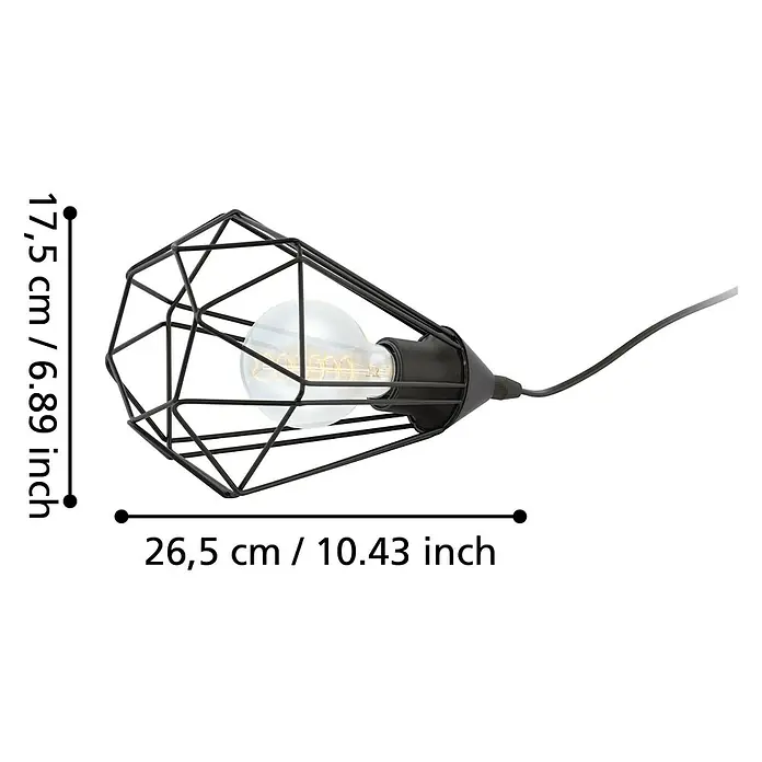 Eglo Tarbes Tischleuchte - 60 W, L x B x H: 26,5 x 26,5 x 17,5 cm, Schwarz, E27 - Bild einer stilvollen, modernen Lampe mit geometrischem Lampenschirm in Schwarz und den Abmessungen 17,5 x 26,5 cm.