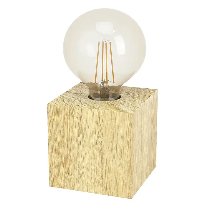 Eglo Tischleuchte PRESTWICK 2 - 40 W, L x B x H: 9,5 x 9,5 x 9,5 cm, Braun, E27 - Klare LED-Glühbirne mit sichtbaren Filamenten in hellem, quadratischem Holzsockel.