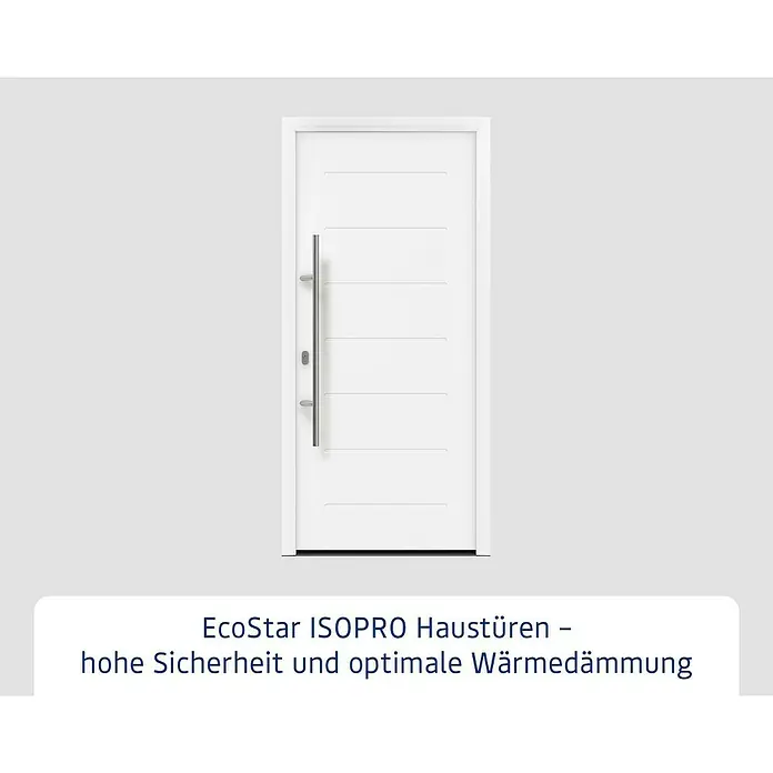 Hörmann EcoStar Haustür ISOPRO IP 015 - 110 x 210 cm, DIN Anschlag: Links, Verkehrsweiß - Weiße moderne Eingangstür mit horizontalen Rillen und langem Edelstahl-Stangengriff.