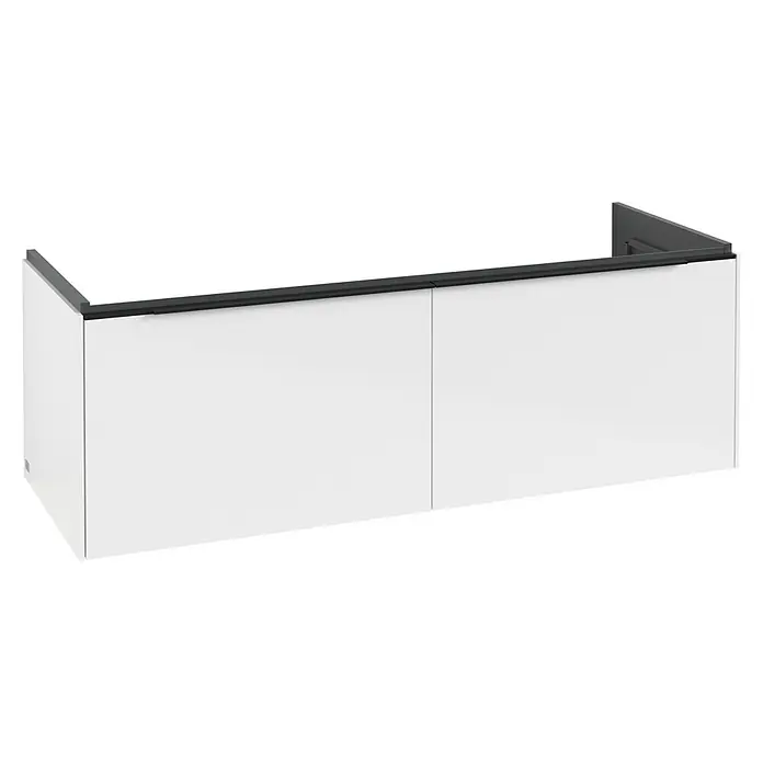 Villeroy & Boch Subway 3.0 Waschbeckenunterschrank - Brilliant White, Anzahl Schubladen: 2 Stk., Farbe Griff: Volcano Black, B x T x H: 127,2 x 47,8 x 42,9 cm, Mit Beleuchtung, Geeignet für Doppelwaschtisch - Weißer Wandschrank mit zwei Türen und dunkelgrauem oberen Griff.