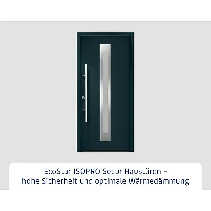 Hörmann EcoStar Haustür ISOPRO Secur IPS 770S - 110 x 210 cm, DIN Anschlag: Links, Anthrazitgrau - Dunkelblaue Haustür mit vertikalem Glaseinsatz und langem silbernen Griff.