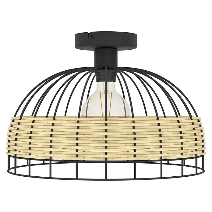 Eglo Anwick Deckenleuchte rund ANWICK - 60 W, Ø x H: 380 mm x 265 cm, Schwarz, E27 - Nahaufnahme einer Deckenleuchte mit einem Lampenschirm aus Rattan und einem schwarzen Metallrahmen. Die Lampe hat ein warmes, einladendes Licht.