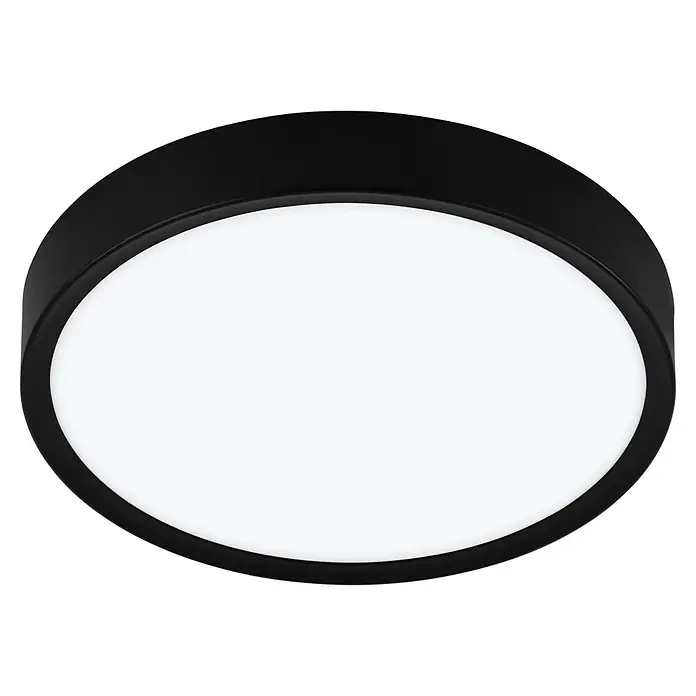 Eglo LED-Deckenleuchte rund MUSURITA - 14,6 W, Ø x H: 340 mm x 6 cm, Schwarz, Warmweiß - Nahaufnahme einer runden, flachen Deckenleuchte mit schwarzem Rahmen und weißer Lichtfläche für moderne Innenräume.