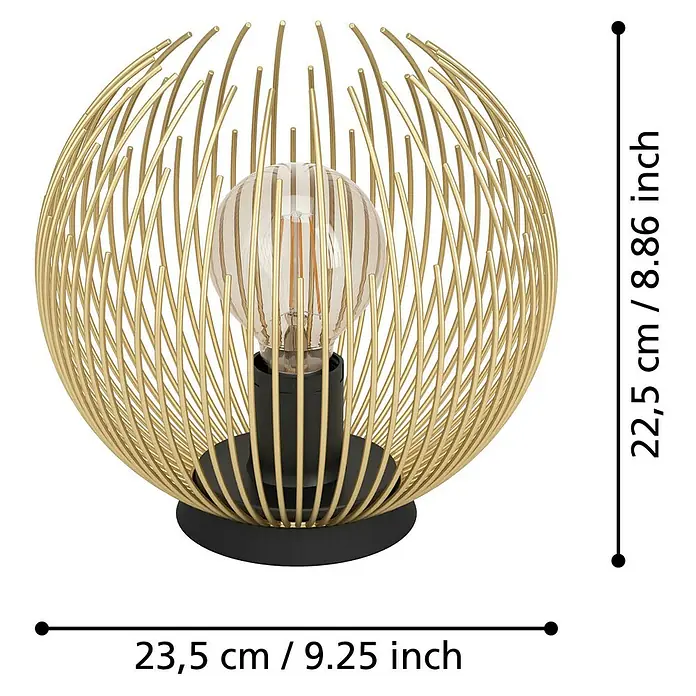 Eglo Venezuela Tischleuchte - 40 W, Ø x H: 23,5 mm x 22,5 cm, Schwarz/Gold, E27 - Nahaufnahme der dekorativen, goldenen Tischleuchte mit Glühbirne und den Größenangaben.