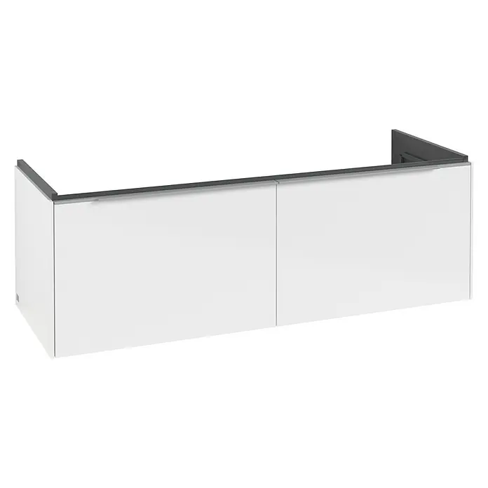 Villeroy & Boch Subway 3.0 Waschbeckenunterschrank - Brilliant White, Anzahl Schubladen: 2 Stk., Farbe Griff: Aluminium glänzend, B x T x H: 127,2 x 47,8 x 42,9 cm, Mit Beleuchtung, Geeignet für Doppelwaschtisch - Weißer Wandschrank mit dunkelgrauer Oberseite und integrierten Griffen.