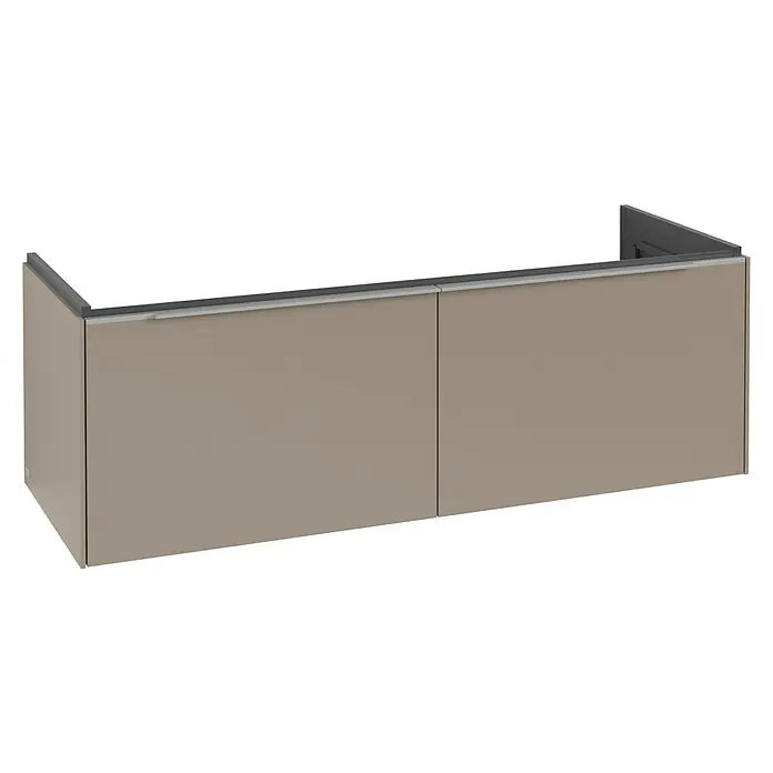 Villeroy & Boch Subway 3.0 Waschbeckenunterschrank - Taupe, Anzahl Schubladen: 2 Stk., Farbe Griff: Aluminium glänzend, B x T x H: 127,2 x 47,8 x 42,9 cm, Mit Beleuchtung, Geeignet für Doppelwaschtisch - Taupefarbener Schrank mit zwei Türen und integrierten silberfarbenen Griffprofilen.
