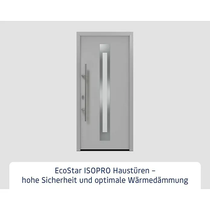 Hörmann EcoStar Haustür ISOPRO IP 770S - 110 x 210 cm, DIN Anschlag: Links, Weißaluminium - Hellgraue EcoStar ISOPRO Haustür mit vertikalem Edelstahlgriff und satinierter Glaseinlage. Hohe Sicherheit, optimale Wärmedämmung.