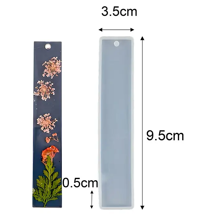 CreativEpoxy Gießform Silikonformen-Set - Lesezeichen, Silikon - Silikonform (9,5x3,5x0,5cm) für Harz-Lesezeichen, gezeigt mit fertigem Lesezeichen mit Trockenblumen.