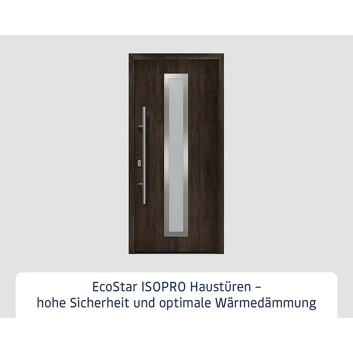 Hörmann EcoStar Haustür ISOPRO IP 700S - 110 x 210 cm, DIN Anschlag: Links, Night Oak - Moderne dunkelbraune Haustür in Holzoptik mit vertikalem Milchglaseinsatz und langem silbernen Griff.