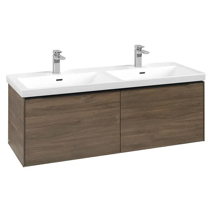 Villeroy & Boch Subway 3.0 Waschbeckenunterschrank - Arizona Oak, Anzahl Schubladen: 2 Stk., Farbe Griff: Volcano Black, B x T x H: 127,2 x 47,8 x 42,9 cm, Mit Beleuchtung, Geeignet für Doppelwaschtisch - Moderner Doppelwaschtischunterschrank mit dunkler Holzmaserung, weißem Keramik-Doppelwaschbecken und zwei Chromarmaturen.