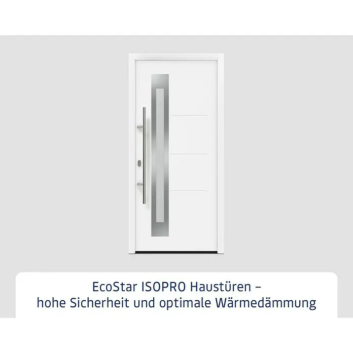 Hörmann EcoStar Haustür ISOPRO IP 780S - 110 x 210 cm, DIN Anschlag: Links, Verkehrsweiß - Eine moderne, weiße EcoStar ISOPRO Haustür mit einem vertikalen, silbernen Akzent und einem langen, schlanken Türgriff.