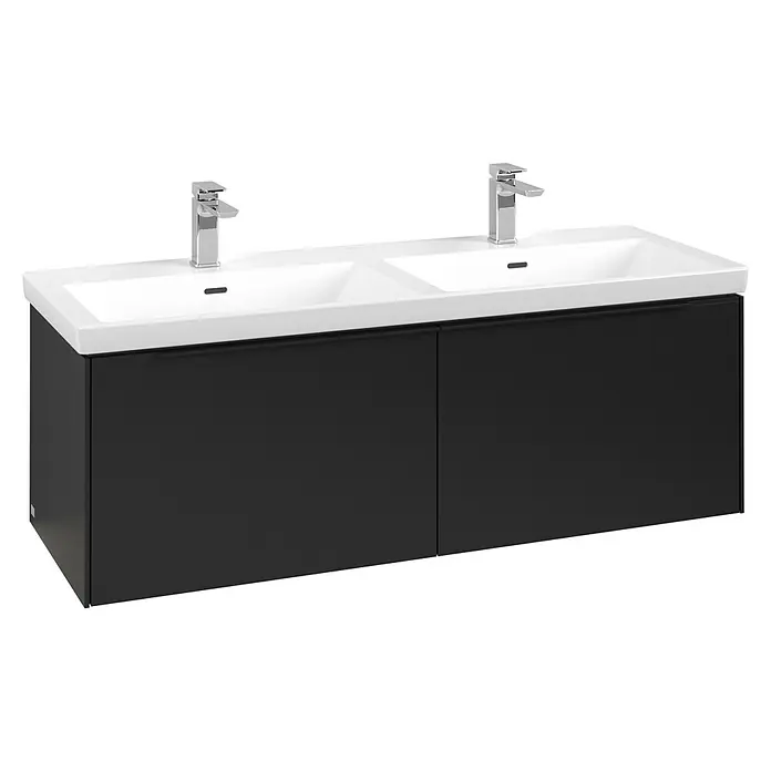 Villeroy & Boch Subway 3.0 Waschbeckenunterschrank - Volcano Black, Anzahl Schubladen: 2 Stk., Farbe Griff: Volcano Black, B x T x H: 127,2 x 47,8 x 42,9 cm, Mit Beleuchtung, Geeignet für Doppelwaschtisch - Doppelter Badwaschtisch mit zwei weißen Waschbecken, Chromarmaturen und dunklem Unterschrank.