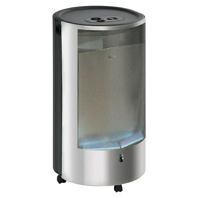 Firefix Gasheizer Chic 4200 Eco - L x B x H: 34 x 46 x 77,5 cm, Silber - Bild eines silbernen Terrassenheizers mit schwarzem Oberteil und Schutzgitter, der Wärme spendet und eine gemütliche Atmosphäre schafft.