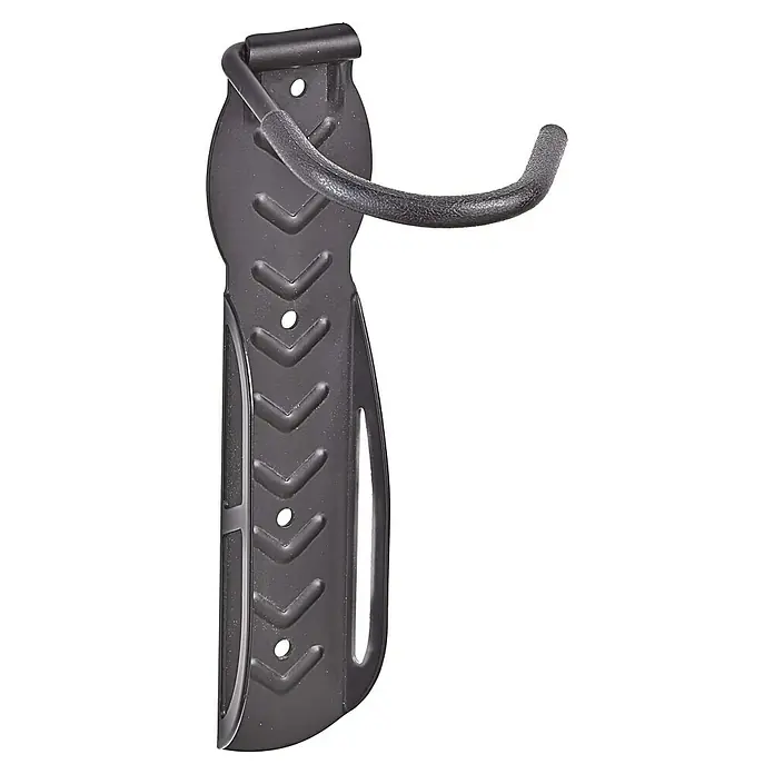 Mottez Gancho de pared para bicicletas B865V - Acero, Negro - Gancho de pared de metal negro con brazo recubierto de goma, para objetos pesados como bicicletas.