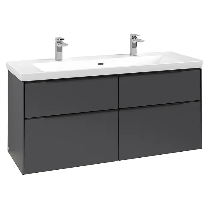 Villeroy & Boch Subway 3.0 Waschbeckenunterschrank - Graphite, Anzahl Schubladen: 4 Stk., Farbe Griff: Volcano Black, B x T x H: 127,2 x 47,8 x 57,6 cm, Mit Beleuchtung - Dunkelgrauer Doppelwaschtisch mit weißem Keramikbecken und zwei Chromarmaturen, mit vier Schubladen.