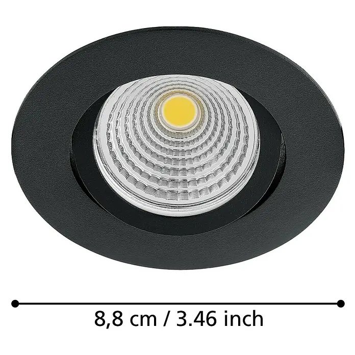 Eglo LED-Einbauleuchte SALICETO - Warmweiß, Durchmesser: 8,8 cm, Schwarz, 1 Stk. - Abbildung einer schwarzen LED-Einbauleuchte mit Angabe der Größe 8,8 cm / 3,46 inch.\n