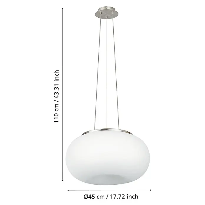 Eglo Pendelleuchte - 120 W, Ø x H: 445 mm x 110 cm, E27 - Nahaufnahme einer stilvollen weißen Pendelleuchte mit silbernen Akzenten und Maßangaben für Höhe und Durchmesser.