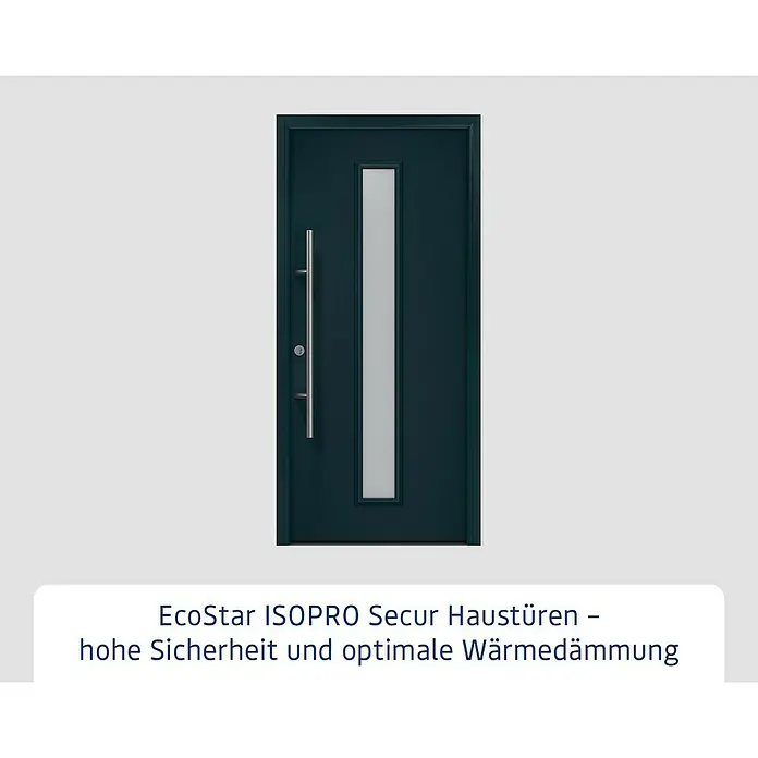 Hörmann EcoStar Haustür ISOPRO Secur IPS 020S - 110 x 210 cm, DIN Anschlag: Links, Anthrazitgrau - Moderne dunkelgrüne Haustür mit vertikalem Glaseinsatz und langem Edelstahl-Stangengriff.