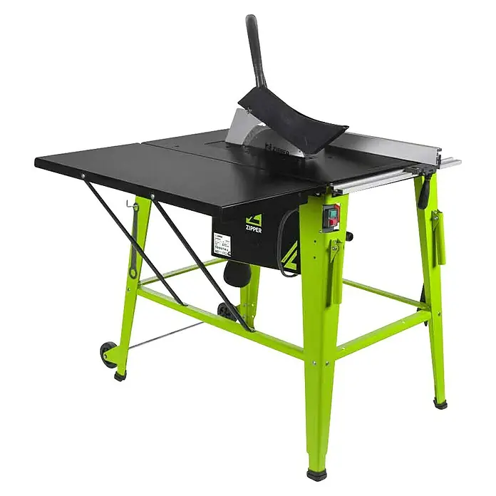 Zipper Tischkreissäge ZI-TS315-400 - Durchmesser Sägeblatt: 315 mm, Schnitttiefe bei 90 °: 83 mm - Transportable Tischkreissäge mit schwarzer Platte und lindgrünem Metallrahmen, ausgestattet mit Sägeblatt, Schutz und Rädern.