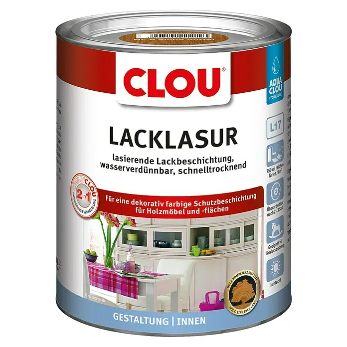 Clou Aqua Lacklasur Combi-Clou L17 - Eiche, 750 ml, Seidenmatt - Farbdose Clou Lacklasur, eine wasserverdünnbare, schnelltrocknende Lackbeschichtung für dekorative Holzmöbel und Flächen im Innenbereich.