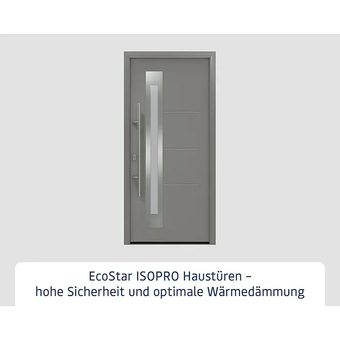 Hörmann EcoStar Haustür ISOPRO IP 780S - 110 x 210 cm, DIN Anschlag: Links, Graualuminium - Graue moderne Haustür mit vertikalem Glaseinsatz und langem Griff.