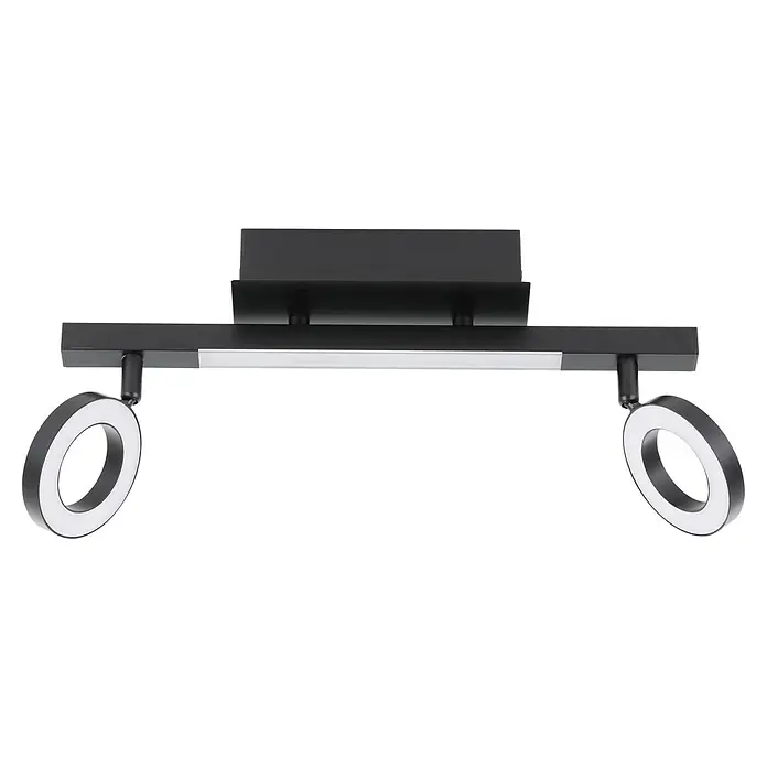 Eglo Cardillio 2 LED-Deckenstrahler - 9,7 W, L x B x H: 38,5 x 8,5 x 17,5 cm, Schwarz, Warmweiß, 3 Stk. - Nahaufnahme einer modernen, schwarzen LED-Deckenleuchte mit ringförmigen Strahlern, die ein helles, gerichtetes Licht erzeugt.