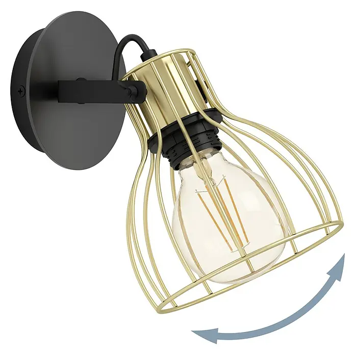 Eglo Sambatello Deckenstrahler - 40 W, L x B x H: 26 x 15 x 22 cm, Schwarz/Messing-gebürstet, E27, 1 Stk. - Ein schwenkbare Wandlampe mit einem goldenen Käfig und einer Edison-Glühbirne, montiert auf einer runden, mattschwarzen Wandhalterung.