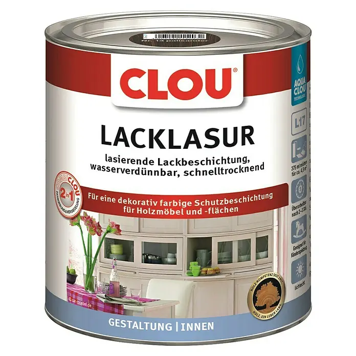 Clou Aqua Lacklasur Combi-Clou L17 - Palisander, 375 ml, Seidenmatt - Dose Clou Lacklasur, eine farbige Schutzbeschichtung für Holzmöbel im Innenbereich. Wasserverdünnbar und schnelltrocknend.