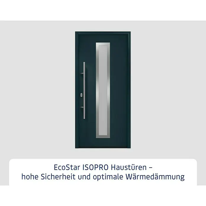 Hörmann EcoStar Haustür ISOPRO IP 700S - 110 x 210 cm, DIN Anschlag: Links, Anthrazitgrau - Moderne dunkelblaue/petrol Haustür mit vertikalem Glaseinsatz und langem silbernem Griff.