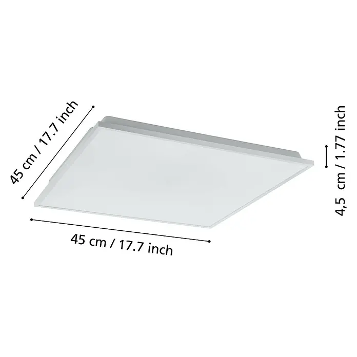 Eglo connect.z LED-Panel HERRORA-Z - 22 W, L x B x H: 45 x 45 x 4 cm, Weiß - Abbildung einer quadratischen LED-Deckenleuchte in Weiß mit Maßangaben.