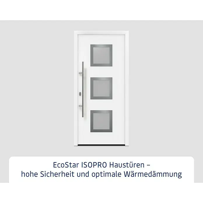 Hörmann EcoStar Haustür ISOPRO IP 810S - 110 x 210 cm, DIN Anschlag: Links, Verkehrsweiß - Weiße moderne Haustür mit drei quadratischen Glaseinsätzen und langem silbernen Griff.