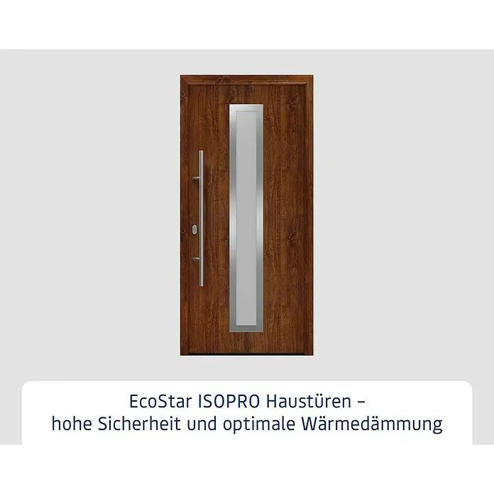 Hörmann EcoStar Haustür ISOPRO IP 700S - 110 x 210 cm, DIN Anschlag: Links, Dark Oak - Braune Holz-Haustür mit vertikaler Milchglasscheibe in der Mitte und langem silbernem Griff.