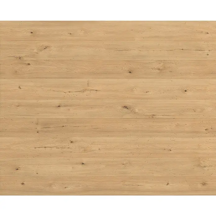 Egger Wandpaneel DecoWall - Esbjerg Rüster, 1.250 x 660 x 12 mm, 3 Stk. - Helle Holzplanken mit natürlicher Maserung, Ästen und feinen Rissen, die eine durchgehende horizontale Oberfläche bilden.
