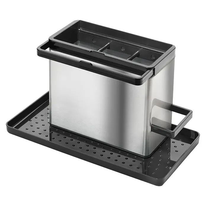 Metaltex Spülbecken-Organizer Tidy-Tex - Inox-Edelstahl, L x B x H: 24 x 13 x 14 cm, Kunststoff - Besteckhalter aus Edelstahl mit dunklem Kunststoff-Organizer und Abtropfschale.