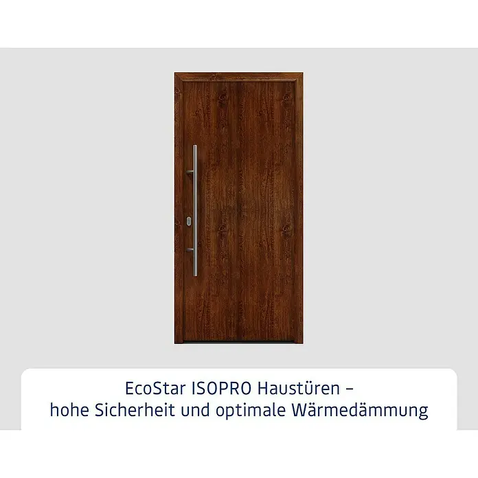 Hörmann EcoStar Haustür ISOPRO IP 010 - 110 x 210 cm, DIN Anschlag: Links, Dark Oak - Braune Haustür in Holzoptik mit langem silbernem Griff.