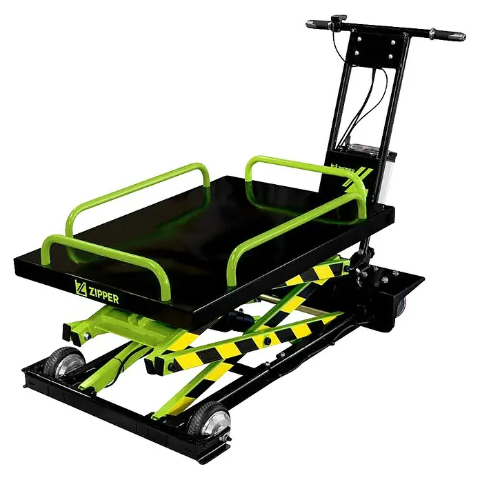 Zipper Scherenhubwagen ZI-SHW300 - Länge Arbeitsplatte: 100 cm, 60 cm, Max. Ladegewicht: 300 kg - Elektrischer Scherenhubwagen mit schwarzer Plattform, neongrünen Geländern und Hebewerk.