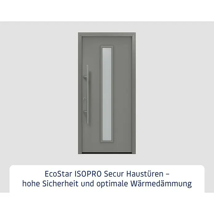 Hörmann EcoStar Haustür ISOPRO Secur IPS 020S - 110 x 210 cm, DIN Anschlag: Links, Graualuminium - Moderne graue Haustür mit langem silbernen Stangengriff und vertikalem Glaseinsatz.