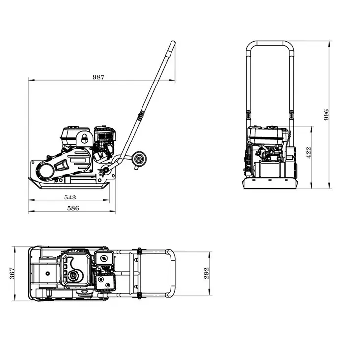 Zipper Rüttelplatte ZI-RPE60E - 4.000 W, Verdichtungstiefe: 150 mm - Technische Zeichnung einer handgeführten Rüttelplatte mit Motor, Griff und Bemaßungen. Zeigt Draufsicht, Vorderansicht und Seitenansicht.