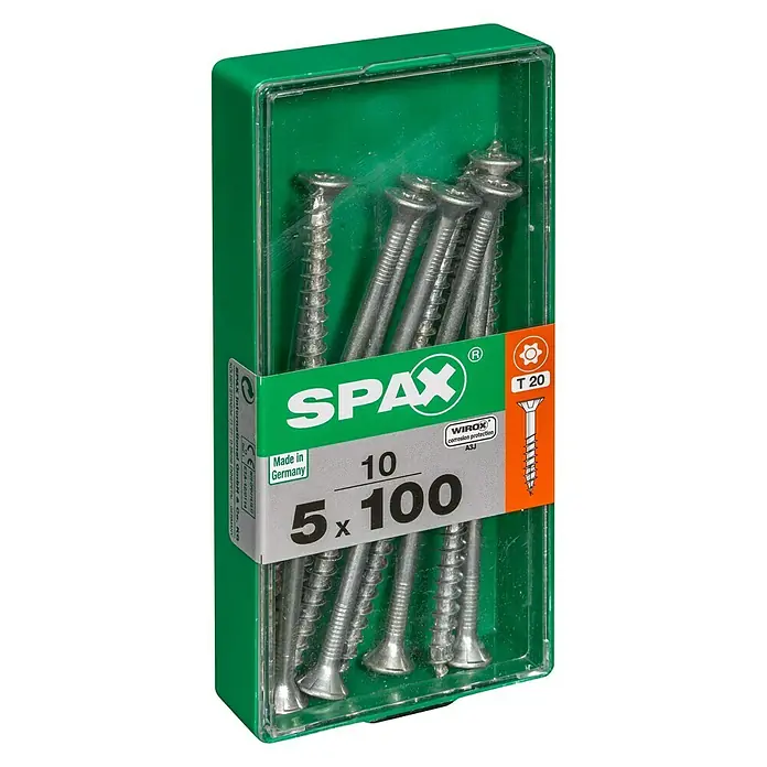 Spax T-Star plus Universalschraube T-Star plus - Ø x L: 5 x 100 mm, WIROX Oberfläche, T-Star plus, 10 Stk. - Eine Packung SPAX Universalschrauben 5x100 mm mit Senkkopf, T-STAR plus Antrieb und WIROX-Oberfläche für den Innenbereich.