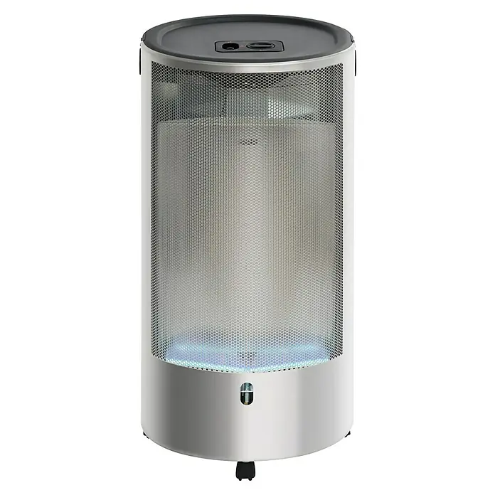 Firefix Gasheizer Chic 4200 Classic - L x B x H: 34 x 46 x 77,5 cm, Edelstahl - Ein zylindrischer Terrassenheizer mit einem Metallgitter, der eine blaue Flamme zeigt und eine gemütliche Atmosphäre für den Außenbereich schafft.