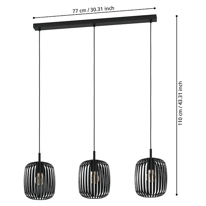 Eglo Romazzina Pendelleuchte - 40 W, L x B x H: 90 x 20 x 11 cm, Schwarz, E27 - Drei-flammige Pendelleuchte mit schwarzen Metallschirmen und Maßen für Breite (77 cm) und Höhe (110 cm).
