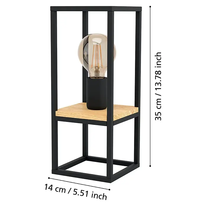 Eglo Libertad Deko-Tischleuchte LIBERTAD - L x B x H: 14 x 14 x 35 cm - Nahaufnahme einer modernen Tischleuchte mit einem geometrischen, schwarzen Rahmen und einer Edison-Glühbirne.