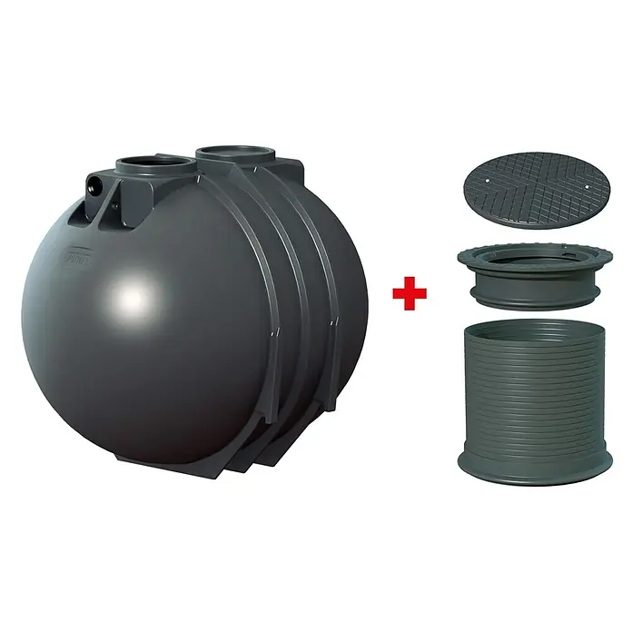 Rewatec Zisterne BlackLine II - Gesamt Fassungsvermögen: 7.600 l, 1 Stk. - Dunkelgrauer Kunststoff-Erdtank (7500L) mit passendem Deckel, Ring und Aufsatzschacht.