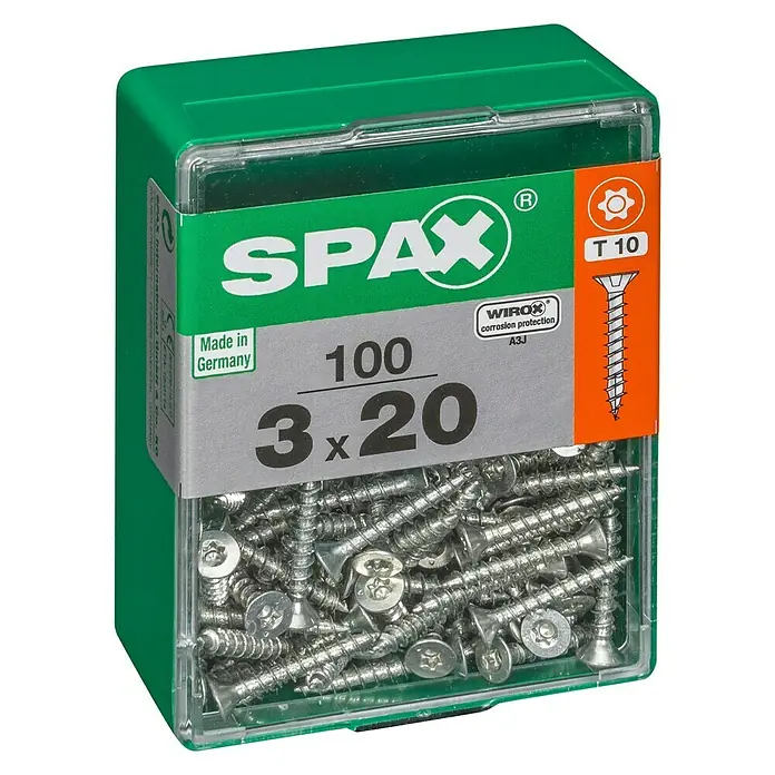 Spax Universalschraube T-Star plus - Ø x L: 3 x 20 mm, WIROX Oberfläche, T-Star plus, 100 Stk. - Schachtel mit SPAX Schrauben 3 x 20 mm, 100 Stück, ideal für vielfältige Anwendungen im Handwerk und DIY-Bereich.