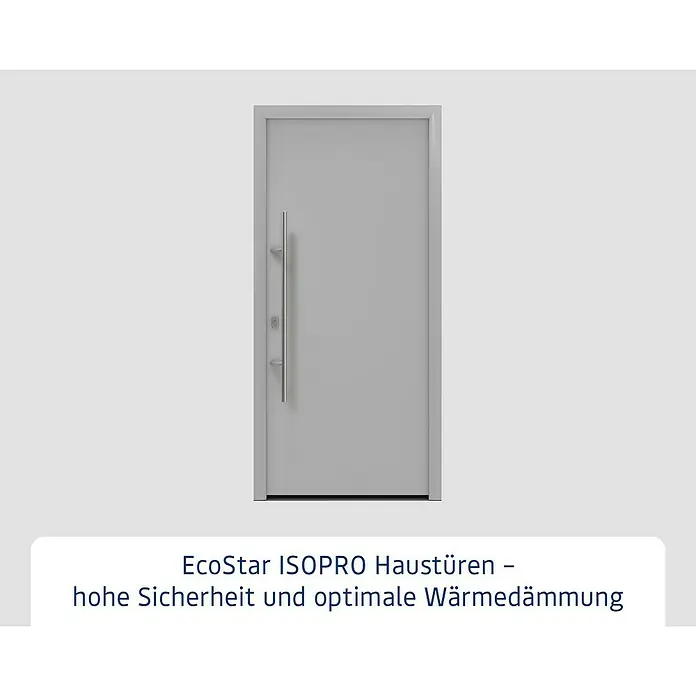 Hörmann EcoStar Haustür ISOPRO IP 010 - 110 x 210 cm, DIN Anschlag: Links, Weißaluminium - Hellgraue moderne Haustür mit langem, vertikalem silbernem Griff.