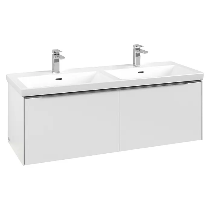 Villeroy & Boch Subway 3.0 Waschbeckenunterschrank - Pure White, Anzahl Schubladen: 2 Stk., Farbe Griff: Aluminium glänzend, B x T x H: 127,2 x 47,8 x 42,9 cm, Mit Beleuchtung, Geeignet für Doppelwaschtisch - Weißer Doppelwaschtischunterschrank mit zwei integrierten Becken und zwei Chromarmaturen.